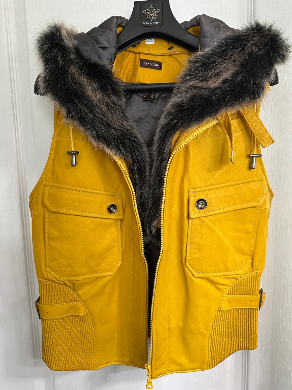Danier Yellow Leather hooded vest with Faux Fur-Trim